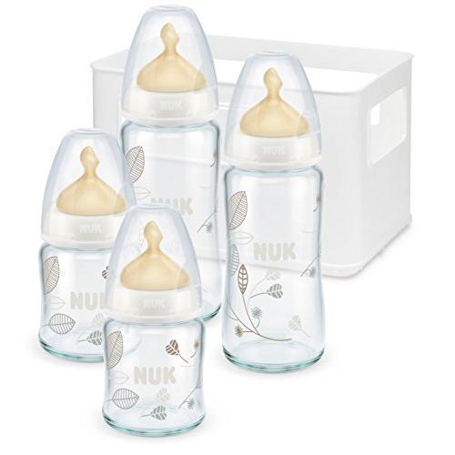 NUK First Choice Plus Starter Set Glas, mit 4 Babyflaschen inklusiv Trinksaugern und Flaschenbox, 0-6 Monate