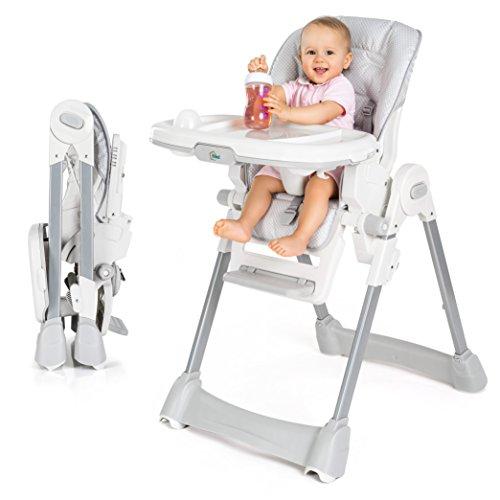 Fillikid Baby Hochstuhl - Babystuhl mit Liegefunktion, Sitzpolster, Gurt, Tisch mit abnehmbarem Tablett - höhenverstellbar und klappbar | Grau Weiß