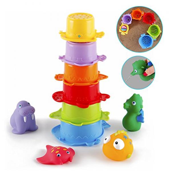 Badespielzeug,Gutedeal Badewannen Spielzeug Wasserspielzeug Set mit verschiedenen Badetiere Spielzeug, BPA Frei 10 Stk. Stapelbecher Spielzeug für Baby und Kleinkinder